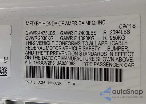 2018 Honda Accord Sport 2.0T из США, поврежденный, VIN 1HGCV2F31JA050088